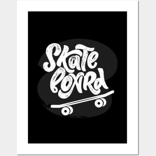 Skateboard logo with symbol of sport equipment on black background. Posters and Art